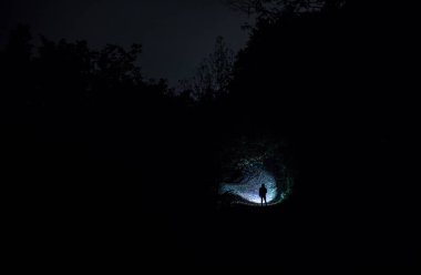 Karanlık ormanda ışıkla duran bir insan silueti. Korku Cadılar Bayramı konsepti. Gecenin karanlığında ürkütücü bir ormanda tuhaf bir siluet.