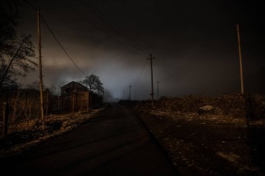 Sisli bir gecede ormanda bir hayaletin olduğu eski bir ev ya da House 'un ayın altında olduğu bir gece sahnesi. Ölü ağaç ormanındaki eski mistik bina..