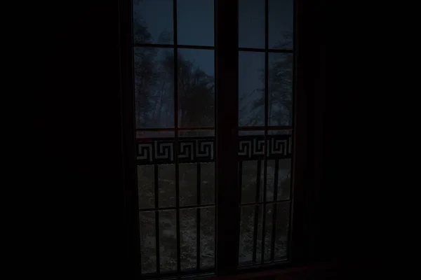 Vista Dalla Finestra Alla Foresta Invernale Notte Concentrazione Selettiva Colpo — Foto Stock