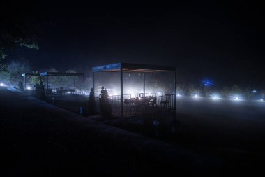 Geceleri ışık / çardağı olan bir çardak / gece parlayan bir çardak ya da sisli bir gecede ağaçlar ve sokak lambaları. Ormandaki boş yolda sisli gece lambaları.