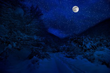 Dolunay gecesi karlı ormanda Dağ Yolu. Ay ve yıldızlı, koyu mavi gökyüzü manzaralı gece manzarası. Azerbaycan