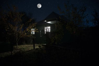 Geceleri ormanda bir hayaletin olduğu eski bir ev ya da terk edilmiş bir korku evi. Ölü ağaç ormanındaki eski mistik bina. Gerçeküstü ışıklar. Korku Cadılar Bayramı konsepti