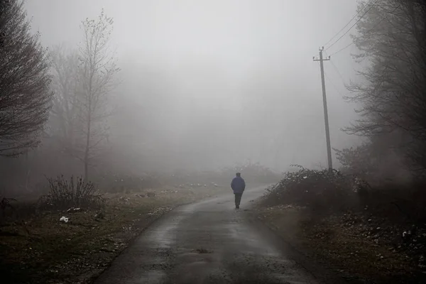 Man Loopt Een Pad Een Vreemd Donker Bos Met Mist — Stockfoto