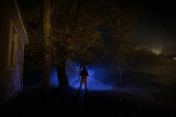 Silhouette Personne Debout Dans Forêt Sombre Avec Lumière Horreur Concept — Photo