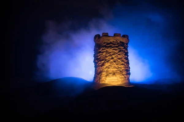 Stone Defence Tower Night Medieval Castle Miniature Toned Foggy Backlight — Stock Photo, Image