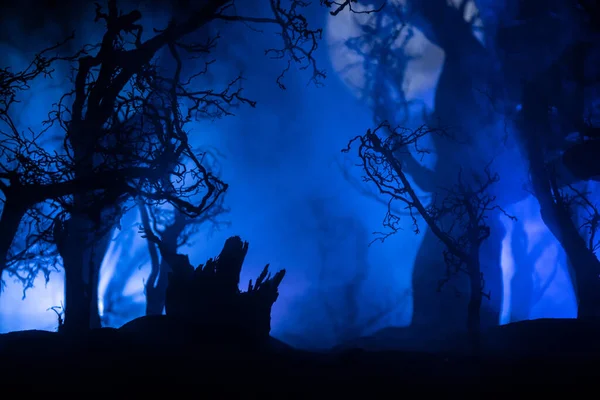 Silhouette eines heulenden Wolfes vor toter Waldsilhouette und Vollmond. Kreative Dekoration der Kunstwerke. Selektiver Fokus — Stockbild Silhouette Eines Heulenden Wolfes Vor Toter Waldsilhouette Und Vollmond Kreative — Stockfoto