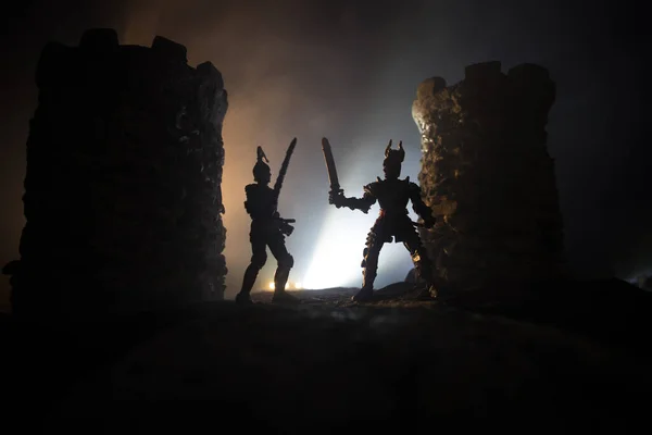 Medieval Battle Scene Silhouettes Figures Separate Objects Fight Warriors Night — Stock Photo, Image