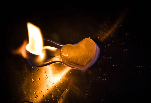 Valentines Background Valentine Day Heart Dark Wooden Table Burning Ice — Stock Photo, Image