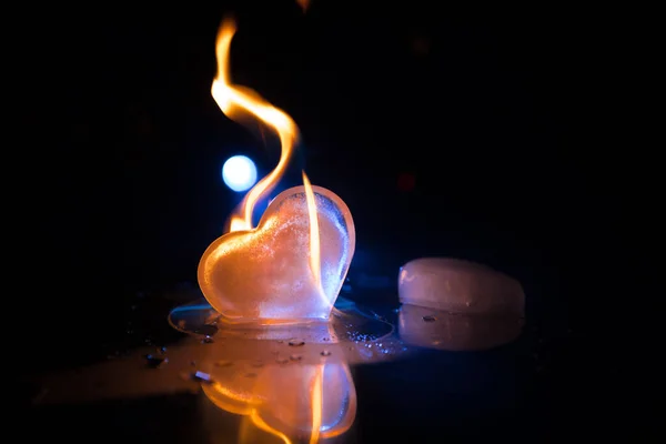 Valentines Background Valentine Day Heart Dark Wooden Table Burning Ice — Stock Photo, Image