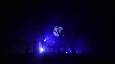 Dolunay sırasında sisli bir gecede bataklıktaki ağaç siluetlerini gösteren ürkütücü karanlık bir manzara.