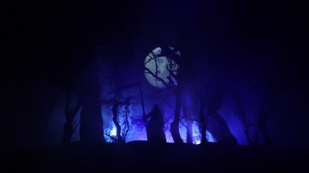Страшный Темный Пейзаж Изображающий Силуэты Деревьев Болоте Туманную Ночь Полнолуние — стоковое видео