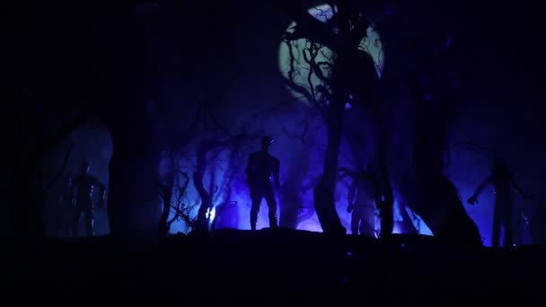 Läskigt Mörkt Landskap Som Visar Silhuetter Träd Träsk Dimmiga Natten — Stockvideo