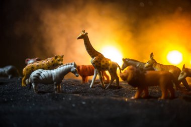 Bir grup hayvan sisli bir gecede yanan renkli bir geçmişle bir araya gelir. Hayvanlar hayatlarını ateşten kurtarmak için kaçıyorlar. Seçici odak.