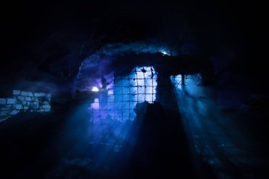 Geceleri terk edilmiş bahçedeki eski harabe taş ev. Ölü ağacı ve sisli arka lambası olan terk edilmiş eski mistik bir bina. Seçici odak