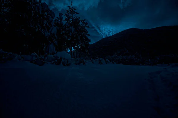 Mountain Road through the snowy forest on a full moon night. Scenic night winter landscape of dark blue sky with moon and stars. Azerbaijan