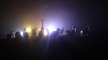 Karanlık arka planda, renkli arka ışıklandırmalı, kaçak avlanma kavramına sahip hayvan figürlerinin yakın plan görüntüleri.