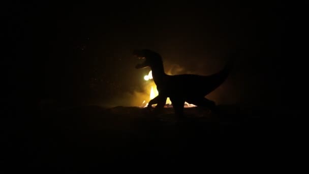 Silhouette Una Miniatura Dinosauro Rex Piedi Nella Notte Nebbiosa Decorazione — Video Stock