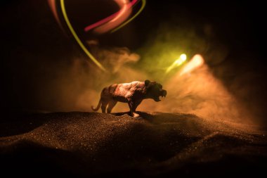 Sisli bir gecede duran kaplan minyatürünün silueti. Renkli arka planlı sisli yaratıcı dekorasyon. Seçici odak