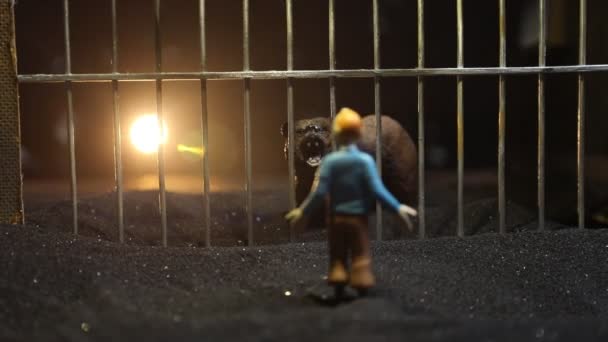 站在动物园笼子里的小熊的轮廓 梦想着自由 多彩的背光与雾的创意装饰 — 图库视频影像