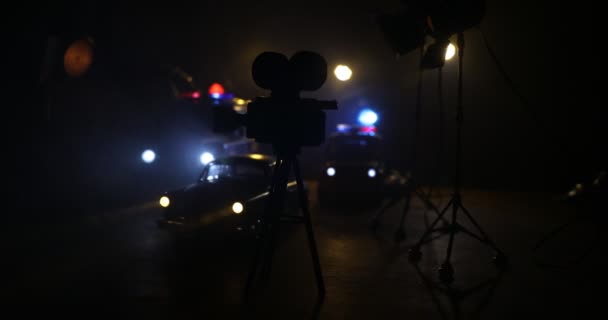 Close Πλάνα Από Μινιατούρα Κινηματογραφική Σκηνή Φως Κάμερα Και Αυτοκίνητα — Αρχείο Βίντεο