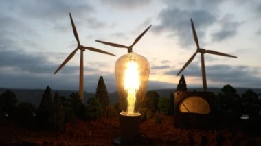 Doğadaki elektrik gücü ya da temiz enerji kavramı. Rüzgar türbinleri alternatif enerji üretiyor. Küçük minyatür yaratıcı dekorasyon