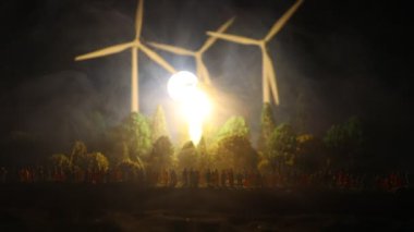 Doğadaki elektrik gücü ya da temiz enerji kavramı. Rüzgar türbinleri alternatif enerji üretiyor. Küçük minyatür yaratıcı dekorasyon
