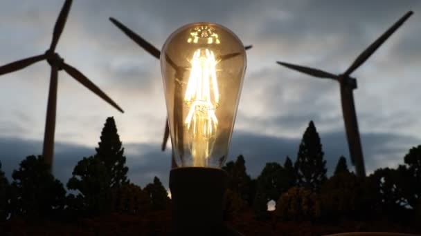 自然エネルギーやクリーンエネルギーの概念における電力 風力タービンは代替エネルギーを生産する ミニチュアの小さな創造的な装飾 — ストック動画