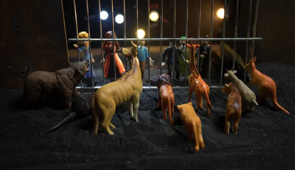 People and animals on opposite sides of the fence concept. Creative decoration with toy figures. Burning colorful background. Selective focus.