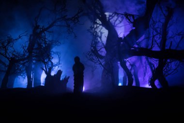 Sisli bir gecede ölü ormanda yalnız bir kız. Ay ışığı altında ağaçların arasında duran bir kız silueti. Korku Cadılar Bayramı konsepti. Seçici odak.