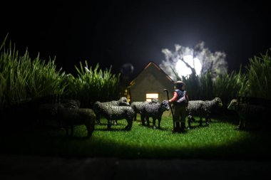 Çiftlikteki koyunlar. Çiftlik (köy) yaşam konsepti. Geceleri dekoratif oyuncak figürleri. Seçici odak