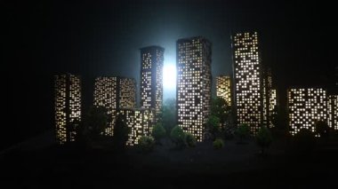 Çizgi film tarzı şehir binaları. Gerçekçi şehir ışıklarla minyatürler inşa ediyor. Geçmişi. Dekoratif şehir. Seçici odak