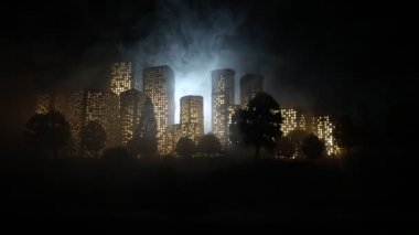 Çizgi film tarzı şehir binaları. Gerçekçi şehir ışıklarla minyatürler inşa ediyor. Geçmişi. Dekoratif şehir. Seçici odak