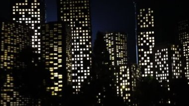 Çizgi film tarzı şehir binaları. Gerçekçi şehir ışıklarla minyatürler inşa ediyor. Geçmişi. Dekoratif şehir. Seçici odak