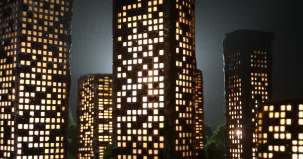 Kreskówkowe Budynki Stylu Miasta Realistyczne Miniatury Budynków Miejskich Światłami Tło — Wideo stockowe