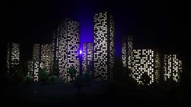 Kreskówkowe Budynki Stylu Miasta Realistyczne Miniatury Budynków Miejskich Światłami Tło — Wideo stockowe