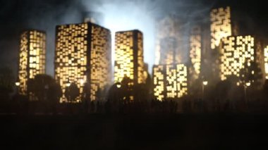 Çizgi film tarzı şehir binaları. Gerçekçi şehir ışıklarla minyatürler inşa ediyor. Geçmişi. Dekoratif şehir. Seçici odak