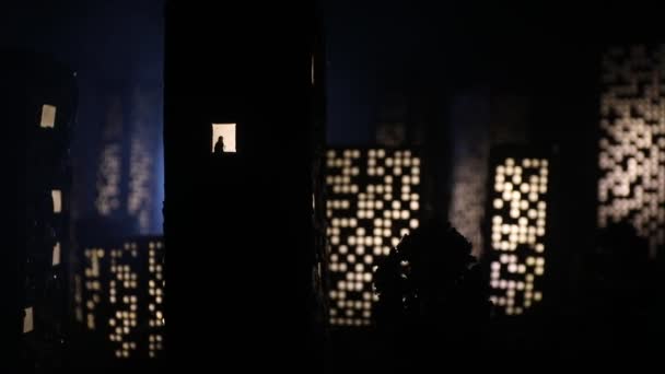 Stadtgebäude Cartoon Stil Realistische Stadtbau Miniaturen Mit Lichtern Hintergrund Dekorative — Stockvideo