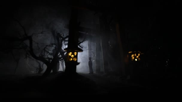 Soyut Japon Tarzı Ahşap Tünelin Gece Görüntüleri Fantezi Ormanında Gece — Stok video
