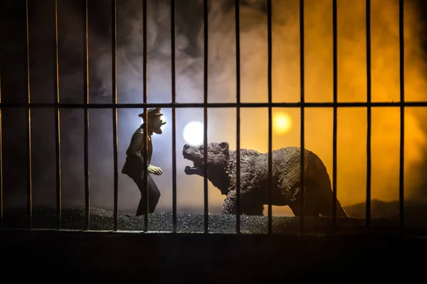 Silhouette Orso Miniatura Piedi Una Gabbia Dello Zoo Con Uomo — Foto Stock