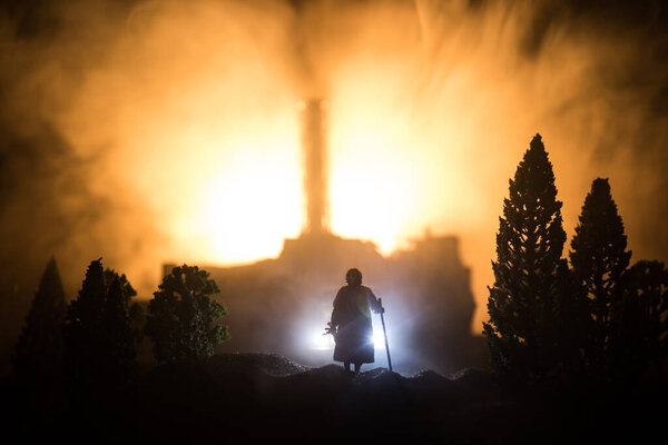 Creative artwork decoration. Chernobyl nuclear power plant at night. Layout of abandoned Chernobyl station after nuclear reactor explosion. Selective focus