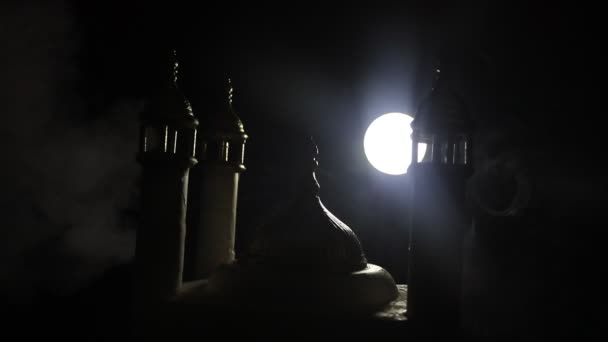 Silhouette Edificio Moschea Sfondo Nebbioso Tonica Sfondo Ramadan Kareem Moschea — Video Stock