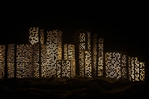 Budovy Města Kresleném Stylu Realistické Město Staví Miniatury Světly Pozadí — Stock fotografie