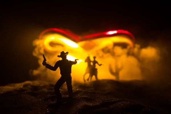 Conceptul Occidental Bătălia Dintre Cowboy Noaptea Duel Până Moarte Decorarea — Fotografie, imagine de stoc