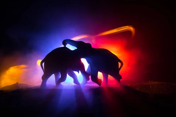 炎の背景に象の戦闘シルエットまたは2頭の象の雄牛が対話し 戦闘中に通信します 霧とカラフルなバックライトと創造的なテーブルの装飾 選択的焦点 — ストック写真