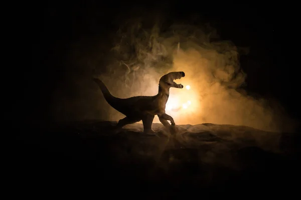 Silhouette Giant Dinosaur Foggy Night Creative Decoration Little Miniature Burning — Stock Photo, Image