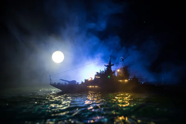 Válečný Koncept Noční Bitevní Scéna Moři Dramatický Měsíční Ozdobný Efekt — Stock fotografie