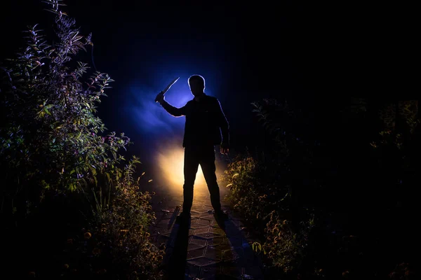 Silhouette Killer Knife Standing Dark Forest Light Horror Halloween Concept — Stock Photo, Image