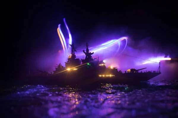 Concepto Guerra Escena Batalla Nocturna Mar Efecto Dramático Nubes Tonificadas — Foto de Stock