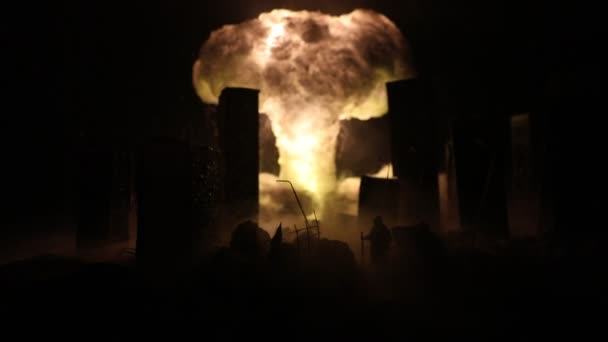 Atomkrig Koncept Eksplosion Atombombe Apokalyptisk Udsigt Byen Efter Bombningen Nattescenen – Stock-video