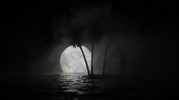 夜に海の上に月とロマンチックな夜のシーン — ストック動画